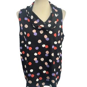 Black cowl neck polka dot sleeveless blouse.